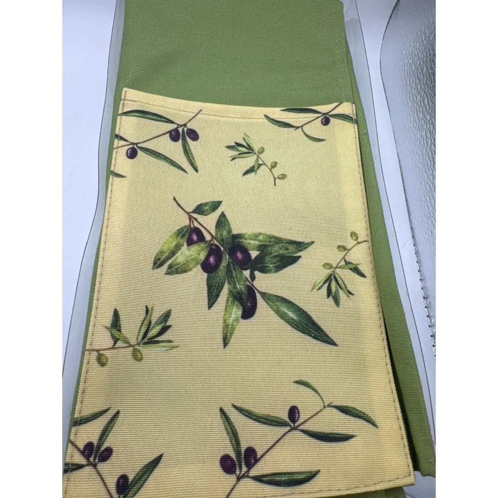 Cypress Home All-in-One 100% Cotton Napkin Set with Utensil Pocket Olive 4pc NEW